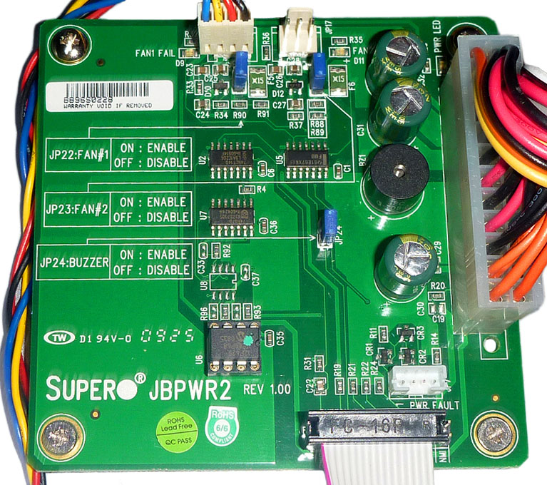 A small circuit board with an ATX motherboard power connector and headers for a fan and a power button.
