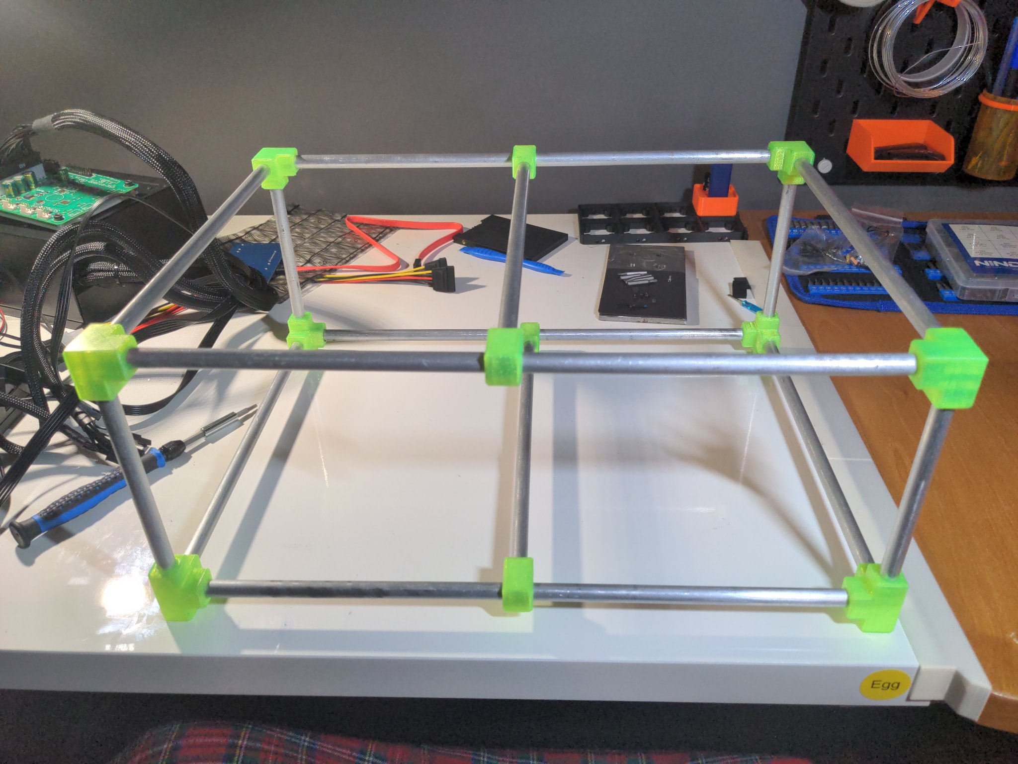 A frame made of aluminum rods press-fit into custom 3d-printed joints