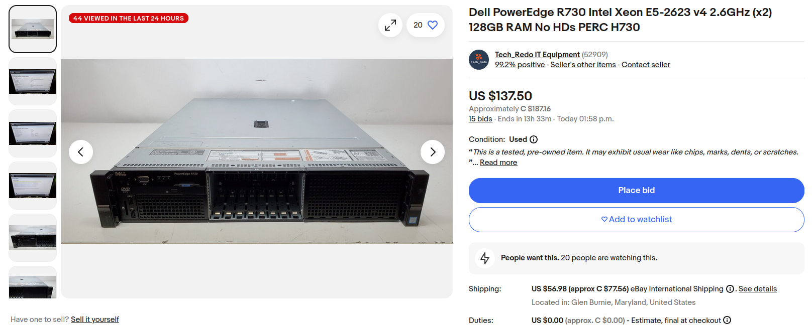 An Ebay listing for a Dell PowerEdge R730, with two Xeon E5-2623 v4 CPUs and 128GB of RAM, for $187 CAD, plus $57 CAD in shipping.