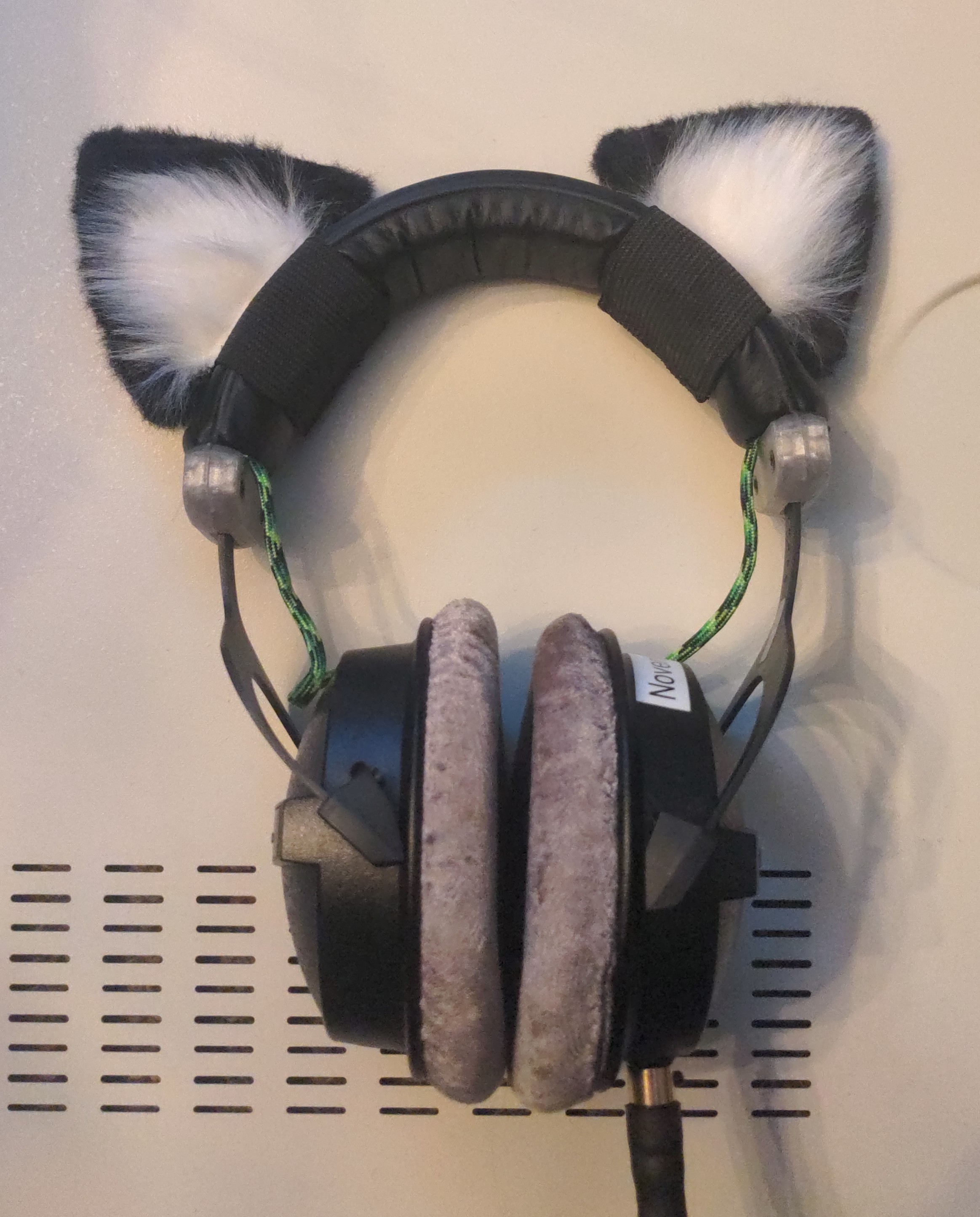 A pair of Beyerdynamic DT 770 Pro headphones with a removable mini XLR cable plugged in, a custom green headband wire, and aftermarket cat ears.